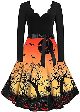 2022 Ženska grafička haljina Halloween Ruffle kapica V vrat Visoki struk Zimska linija ljuljajući duge haljine košulje