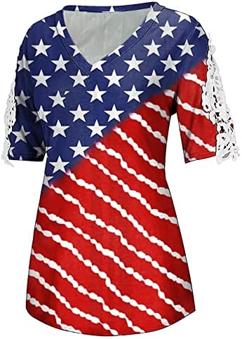 Ženske neovisnosti Dan V vrat majice američke zastave Print kratki rukavi Kauzalni ljetni čipkasti vrhovi