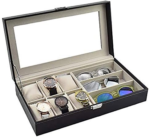 Kutija nakita Yasez- PU Koža Clear Potpid Nakit za skladištenje nakita Organizator izložbe s 3 rešetke 6 za naočale i satove
