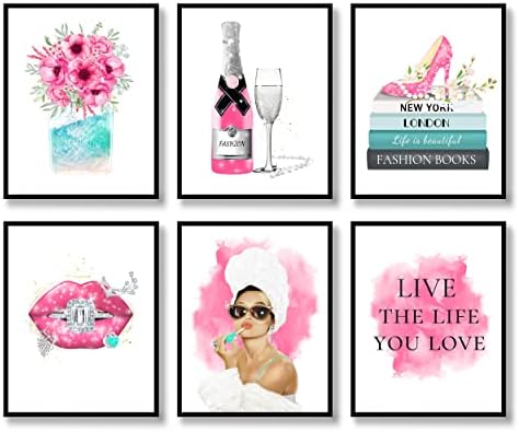 Modni zidni umjetni otisci set od 6 platna modernih poznatih ženskih plakata modni zidni dekor šampanjac usne knjige visoke potpetice