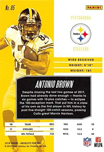 2018. Apsolutni nogomet 85 Antonio Brown Pittsburgh Steelers Službena NFL trgovačka karta koju je napravio Panini