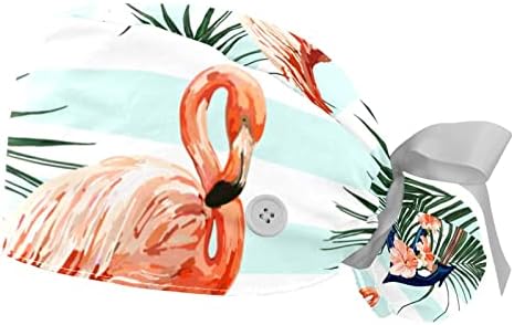 Radni šešir s gumbima i vrpcama za žene 2 pakiranja, ružičasti flamingos podesivi unisex kirurški kapice