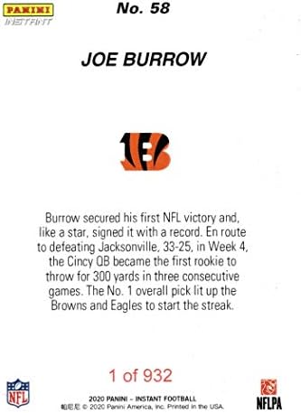 2020. Panini Instant nogomet 58 Joe Burrow Rookie Card - 1. pobjeda u karijeri - samo 932 Made