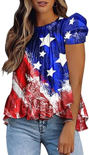 Ljetne košulje koje skrivaju masnoću na trbuhu za žene s printom američke zastave, bluze s volanima na rubu, vrhovi s okruglim vratom