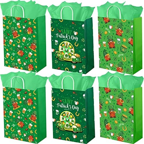 Poklon vrećice od 24 komada za Dan svetog Patrika s 24 salvete, papirnate vrećice za poklone s ručkama, vrećice od zelene djeteline