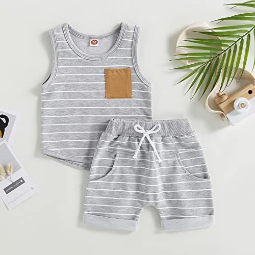 Toddler Baby Boy Ljetne odjeće prugaste vrhove spremnika bez rukava i ispružite casual kratke hlače Pocket Set Slatka odjeća za novorođenčad