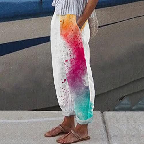 Pamučne lanene Capri hlače, ženske ljetne casual Capri hlače s džepovima, udobne hlače za plažu visokog struka, cvjetne Harem hlače