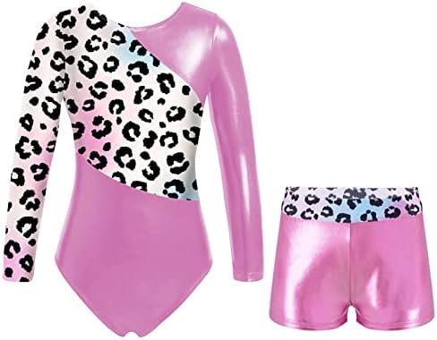; / gimnastički Triko s dugim rukavima za djevojčice, baletna plesna odjeća s leopard printom, bodi s kratkim hlačama