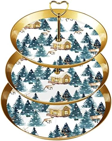 Dragonbtu 3 slojeva Cupcake postolje sa zlatnom šipkom plastičnom slojevitom pladnju za deserte božićni snježni grad vilenja drveća
