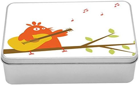 Ambsonne Music Metal Box, Pjevanje narančaste ptice svira gitaru na grani crtani ilustracija, višenamjenski pravokutni spremnik za