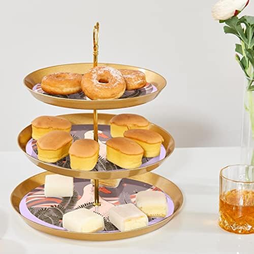 Prikaz za tijesto s 3 slojevitog okruglog ladice, bijesna patka ljubičasta kolača kula, držač drveta, deserte za slastičarstvo čajne