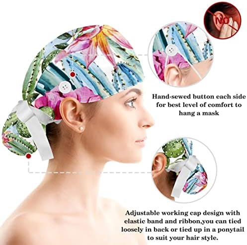 Radni šešir s gumbima i vrpcama za žene prekrasno cvijeće Podesivi kirurški kape i zeko uho Scrunchie set