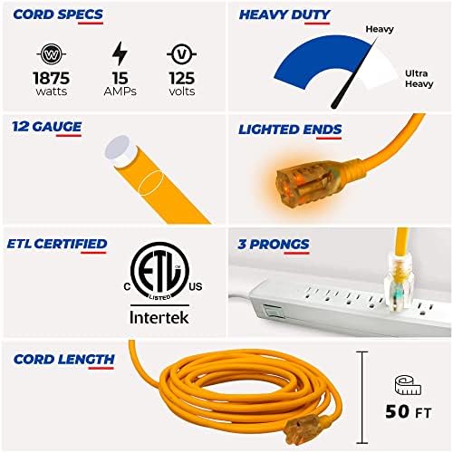 50 ft Extension kabel za ekstenzijski kabel Vanjski i zatvoreni teškim osiguranjem 12 mjerača/3 zupčanika SJTW Osvijetljeni kraj 3-Outlet