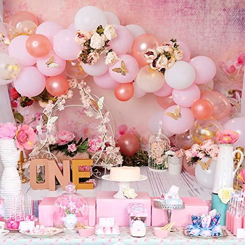 Pozadina leptira zlatno ružičasta pozadina za fotografiranje za prvi rođendan tema princeze cvijeće ružičasta kočija djevojka pozadina