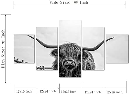 Slike krava zidnih umjetničkih djela 5 ploče highland krava zidna umjetnost za kućni ured dekor Vintage crno -bijele životinje plakati