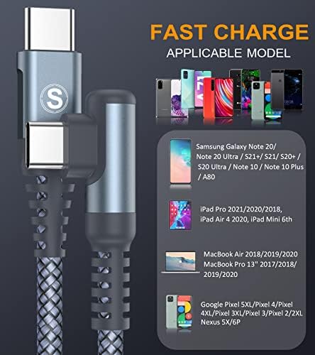 USB-C do USB-C kabela 60W [2-pack 10ft], Sweguard, desni kut, tip C do C Brzi punjač kompatibilan sa Samsung Galaxy S22 Ultra S21 S21