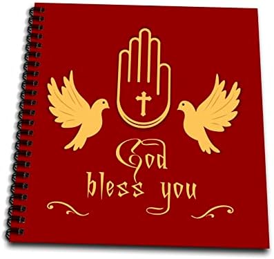 3Drose Bog vas blagoslovio tekst. Dlan, križ, dvije golubice na crvenoj boji. - crtanje knjiga