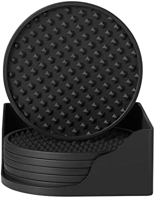 Crni silikonski podmetači za piće, set od 6 komada s držačem, jednostavan za čišćenje, zaštita radne površine, neklizajući, otporni