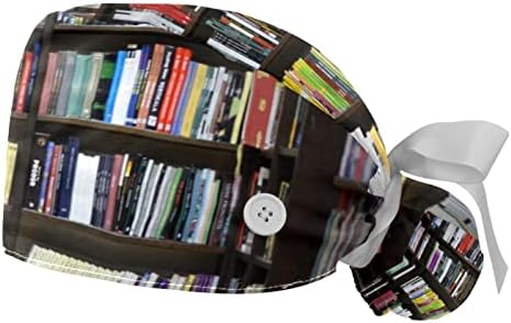 Lorvies Medicinske kape za žene s gumbima dugačka kosa, 2 komada podesiva radna kapa, biblioteka s knjigama raznobojni