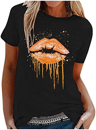 Majice za vrat posade za djevojčice jeseni ljetne usne kratkih rukava grafički labavi fit seksi gornje majice ženske tq