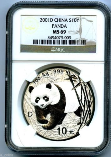 2001. d 1 oz srebro Kina Panda 10 yn ngc ms69 dokaz kao .999 fini s10y kineski