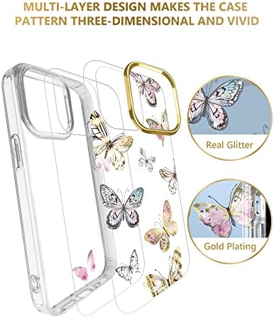 Jiaxiufen Clear Case Kompatibilno s iPhoneom 13 Pro zlatno oblikovanje leptir dizajn Zaštitni udarni udarci vitkim tankim TPU odbojnikom