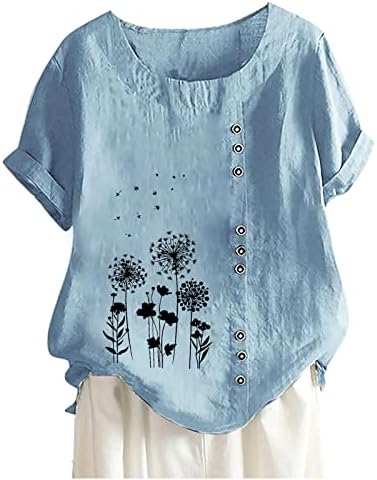 Plus veličine pamučne posteljine majice ženske ležerne cvjetne gumba za ispis s kratkim rukavima tunika tee labava vitka bluza o-vrata