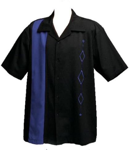 Muška retro košulja za kuglanje, velika visoka, kraljevsko plava na crnoj boji