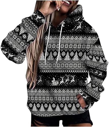 Narhbrg Božićne ružne kapuljače za žene, tinejdžerke Slatki grafički print vrhovi pulover s kapuljačom odmor za odmor za praznike