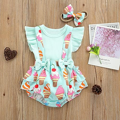 Hhchenyulemon novorođenčad cvjetna odjeća ruffle leteći rukavi rebrasti vrhovi+suspender kratke hlače+traka za glavu ljetne odjeće