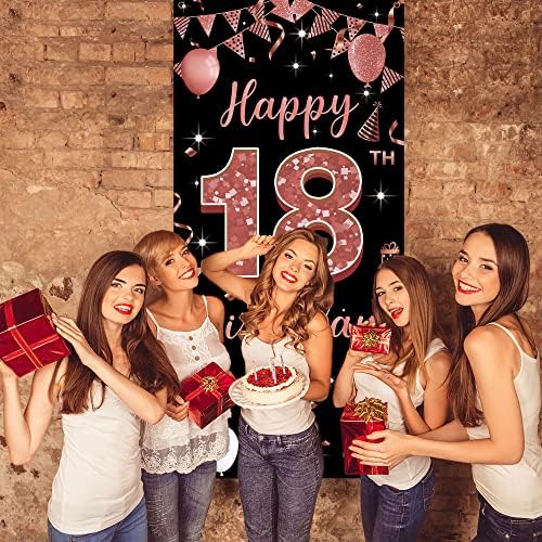 18. rođendanski transparent na pozadini, 18. rođendanski ukrasi za djevojčice, crno ružičasto zlato, 18. rođendan ukras poklopca vrata,