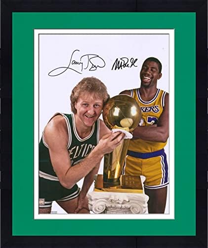 Framed Magic Johnson & Larry Bird Autografirani 16 x 20 smijeh s trofejnim fotografijama - Autografirane NBA fotografije