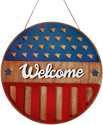 SGGVECSY 4. srpnja znak dobrodošlice domoljubni drveni viseći znak neovisnosti ukrasa okruglih drvenih vrata vješala za vrata američka