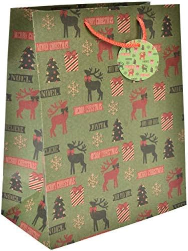 24 velike smeđe Kraft papirnate božićne poklon vrećice za višekratnu upotrebu, raznolik asortiman s ručkama i koordinirajućim poklon