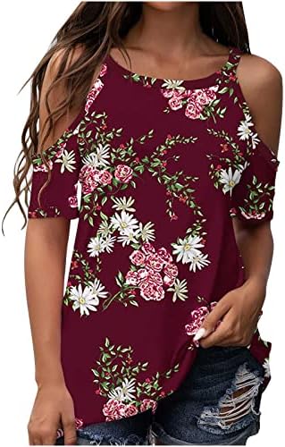 Bluza košulja za ženske hladne rame kratke rukave čamac za vrat pamuk pamuk grafički print cvjetni salon bluza jr