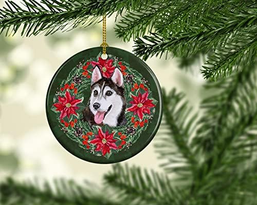 Caroline blaga CK1578CO1 Sibirski Husky 2 Poinsetta Vijeća keramički ukras, ukrasi za božićno drvce za dom, viseći ukras za Božić,