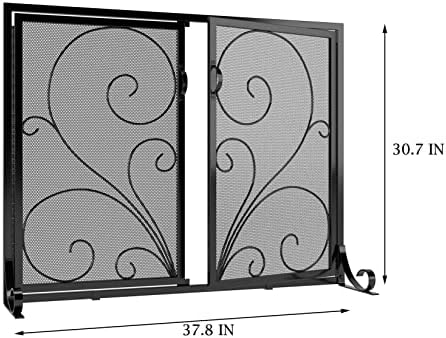 Zaslon s ravnim kaminom s vratima, masivni okvir od kovanog željeza s metalnom mrežom, Ukrasni zaslon za kamin s ravnom pločom u obliku