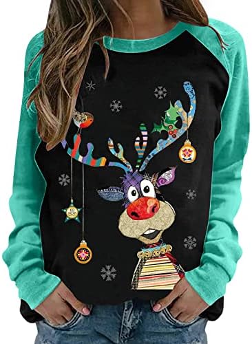 Božićni vrhovi za žene, ružne Dukserice, slatke majice s printom sobova, ležerni široki puloveri s okruglim vratom