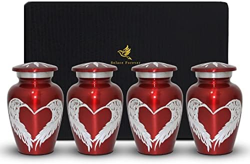 Crvene urne s anđelima za uspomenu - male urne za ljudski pepeo, set od 4-crvene urne s anđeoskim krilima u vrhunskoj kutiji i torbama-poklonite