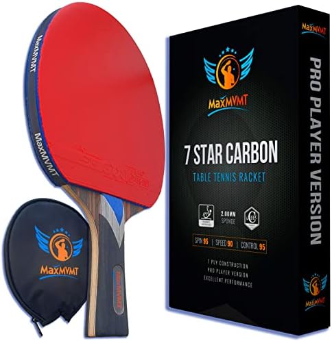 Maxmvmt ping pong veslo - 1 reket ugljičnih vlakana - konstrukcija 7 PLY noža - 1 narukvica - Premium ITTF odobrena guma - zaštitni