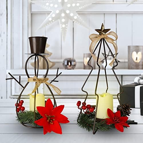Set od 2 Božićna LED svjetla za svijeće, metalno božićno drvce i snjegović sa LED svijećnjacima i šišarkama za božićne ukrase
