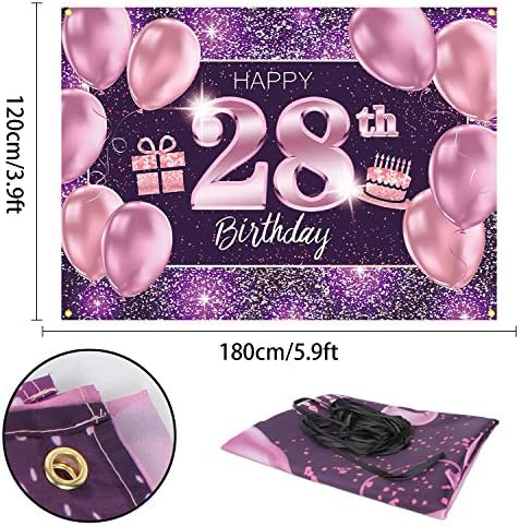 Pakboom sretna pozadina natpisa 28. rođendana - 28 ukrasa za rođendanske zabave za žene - ružičasto ljubičasto zlato 4 x 6ft