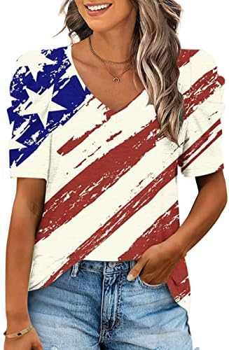 Majica za ljetnu jesen za žene kratki puff rukav 2023 odjeća vneck pamučna američka zastava grafički brunch tee 34