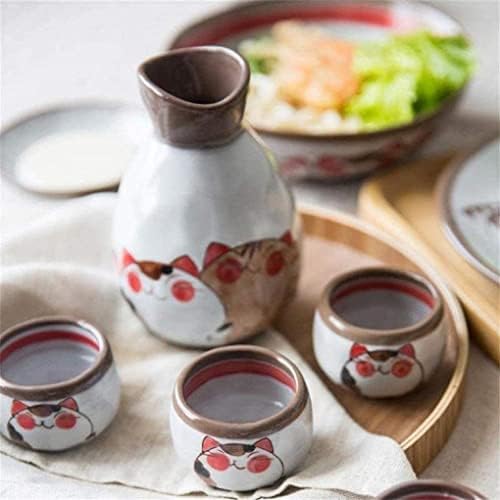 Sake set, sake šalica set japanski keramički set, ručno oslikani mačji dizajn vina, porculanske šalice zanate vinske čaše 5 komada-default